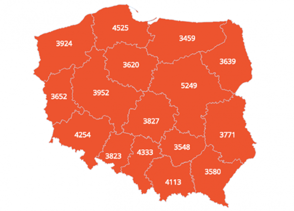 Карта Польши с указанием средних зарплат