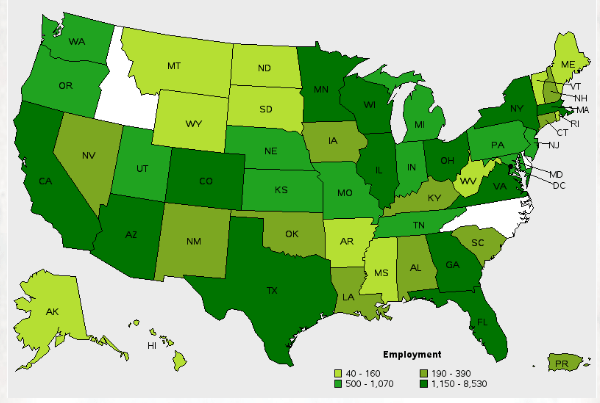 Карта востребованности переводчиков в США