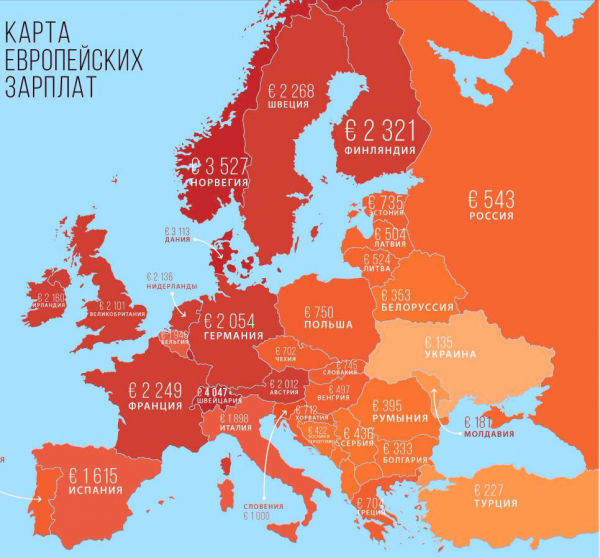 Карта средних зарплат в Европе