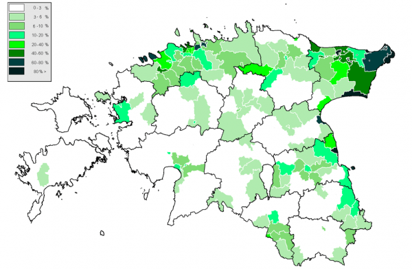 Карта распространённости русского языка в Эстонии