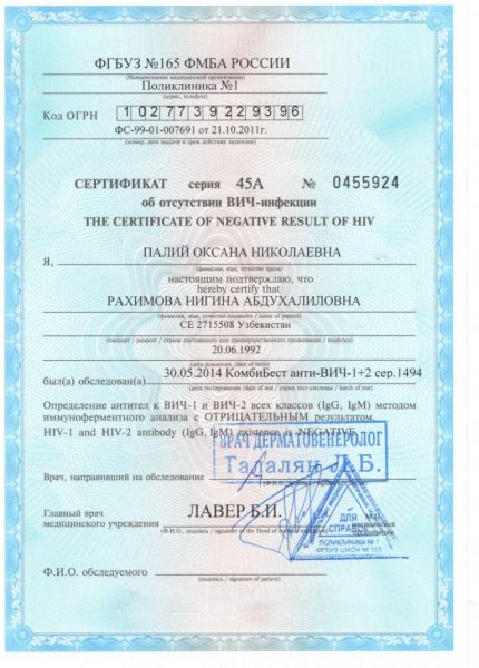 Сертификат об отсутствии ВИЧ-инфекции