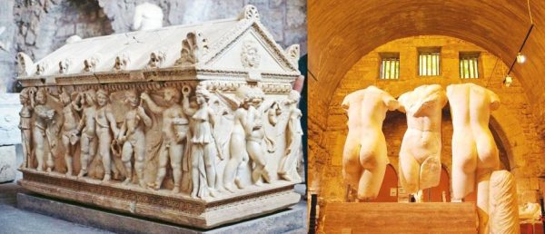 Саркофаг и статуи в экспозициях музея античного искусства