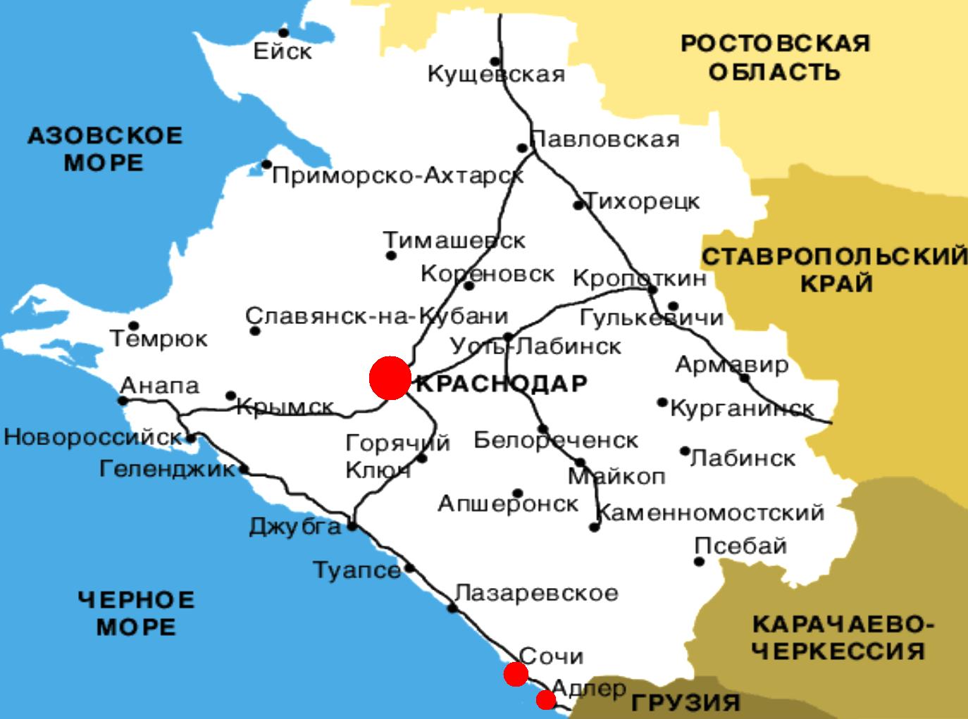 Карта Краснодарского края с городами и станицами